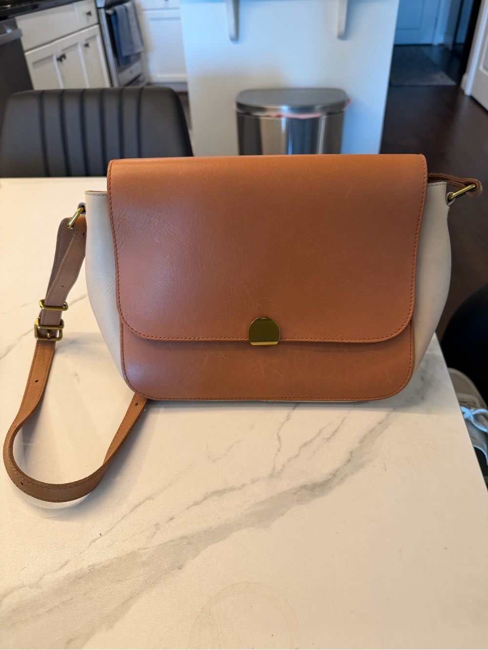 Madewell Tan and Cream Leather Crossbody with Gold Accent